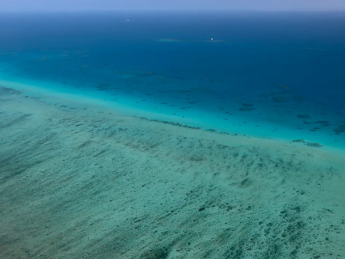 Low aerial view along the edge of a reef where pale turquoise shallows drop off into deep blue ocean