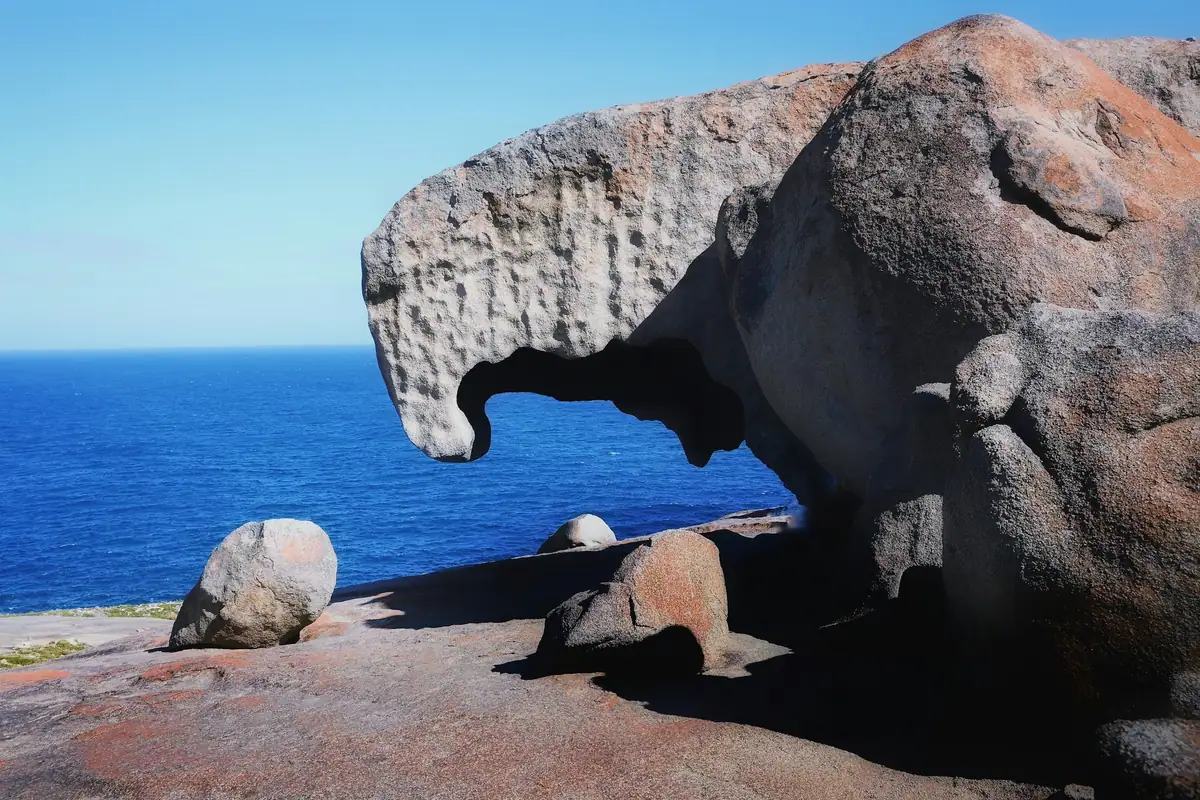 The wind-sculpted granite of Remarkable Rocks on Kangaroo Island, perched above a deep blue Southern Ocean